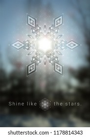 Vector festive template of greeting card or poster; Diamond snowflake in sacred geometry style on winter blurred background; Spiritual phrase and zen meditation; New year and christmas modern theme.
