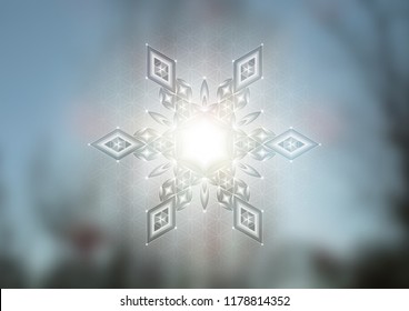 Vector festive template of horizontal banner; Diamond snowflake in sacred geometry style on winter blurred background; Spirituality and zen meditation; New year and christmas abstract backdrop.