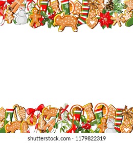 Vector festive template isolated on white background. Gingerbreads and New year and Christmas symbols. The pig symbol of the new 2019 year. For your design, announcements, postcards, posters.