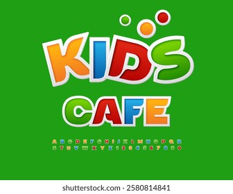 Vector Festive template Kids Cafe. Joyful Colorful Font. Funny Kids Alphabet Letters and Numbers set.