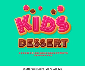 Vector Festive template Kids Dessert. Delicious Donut Font. Sweet Kids Alphabet Letters and Numbers set.