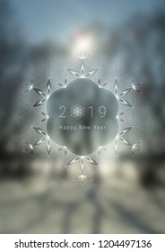 Vector festive template with place for text; Spiritual sacred geometry; "Flower of life" and crystal ice snowflake on fairytale winter photographic background; New year and Christmas.