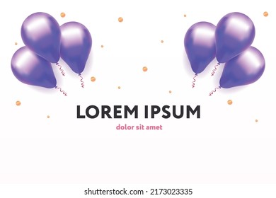 Vector festive template in realistic style. Purple helium balloons  with gold confetti on white backdrop