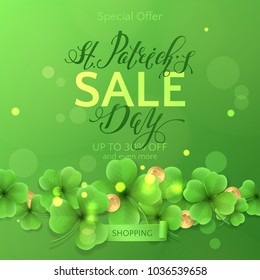 Vector festive template of sale banner for St. Patrick's Day with border of realistic clovers and gold coins. Green background with shamrock and money for design of flyers for special discount offers.