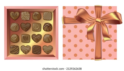 Vector festividad arriba vista regalo rosa caja cuadrada abierta con cinta de bronce y golosinas de chocolate con leche aislado en blanco.