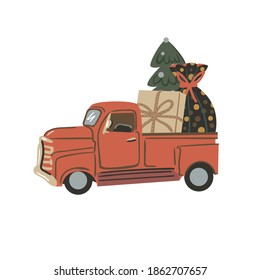 Vector  festive truck with gifts and christmas tree. Excellent for the design of postcards, posters, stickers and so on.