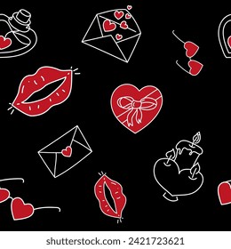 Vector. Festive Valentine's day seamless pattern in sketch style. Hand-drawn cartoon background for Valentine's Day, Birthday, women's day and wedding design. Postcards, invitations, packaging.
