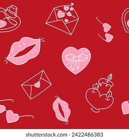 Vector. Festive Valentine's day seamless pattern in sketch style. Hand-drawn cartoon background for Valentine's Day, Birthday, women's day and wedding design. Postcards, invitations, packaging.