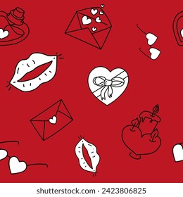 Vector. Festive Valentine's day seamless pattern in sketch style. Hand-drawn cartoon background for Valentine's Day, Birthday, women's day and wedding design. Postcards, invitations, packaging.