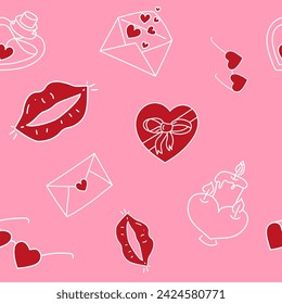 Vector. Festive Valentine's day seamless pattern in sketch style. Hand-drawn cartoon background for Valentine's Day, Birthday, women's day and wedding design. Postcards, invitations, packaging.