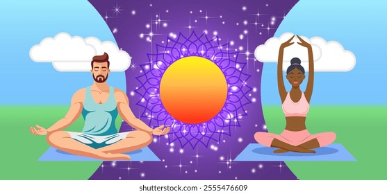 Vector festive wide banner. June 21 is International Yoga Day. Cartoon man and woman sitting in different philosophical poses. Abstract pattern, sun and purple starry sky. Spiritual practices.