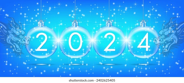 Vector festive wide bright glowing banner with sparks. 2024. Glass hanging balls with numbers. Translucent chinese dragon heads with open mouth.