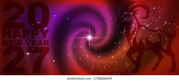 Vector Anuncio de espacio amplio festivo. Feliz año Nuevo de la cabra 2027. Galaxia espiral con estrellas. Zodiaco. Abstractas cartel futurista. Universo y horóscopo.