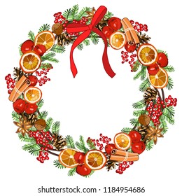 Vector festive wreath isolated on white background. New year and Christmas symbols. Holiday template for your design, announcements, postcards, posters.