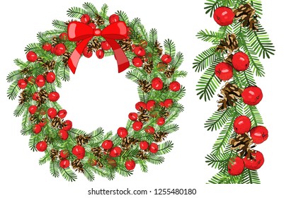 Vector festive wreath isolated on white background. Hand drawing illustration. New year and Christmas symbols. Holiday template for your design, announcements, postcards, posters.