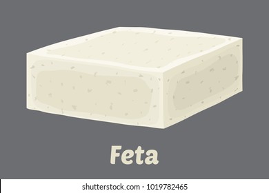 Vector feta cheese block. Chunk in cartoon flat style. Farm market product for label, poster, icon, packaging. Dairy product