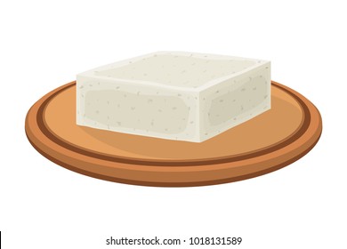 Vector Feta Cheese Block On Plate. Slice, Chunk On Wooden Tray In Cartoon Flat Style. Farm Market Product For Label, Poster, Icon, Packaging. Dairy Product