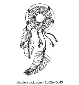 Vector Fether dreamcatcher for good dreams. Black and white engraved ink art. Isolated dream catcher illustration element on white background.