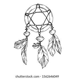Vector Fether dreamcatcher for good dreams. Black and white engraved ink art. Isolated dream catcher illustration element on white background.