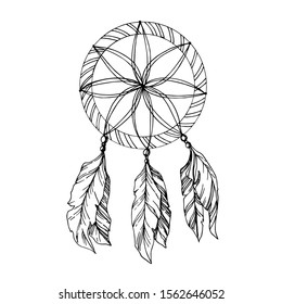 Vector Fether dreamcatcher for good dreams. Black and white engraved ink art. Isolated dream catcher illustration element on white background.