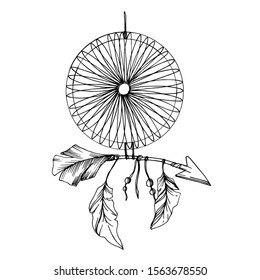 Vector Fether dreamcatcher for good dreams. Black and white engraved ink art. Isolated dream catcher illustration element on white background.