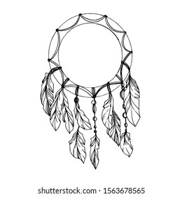Vector Fether dreamcatcher for good dreams. Black and white engraved ink art. Isolated dream catcher illustration element on white background.
