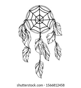Vector Fether dreamcatcher for good dreams. Black and white engraved ink art. Isolated dream catcher illustration element on white background.