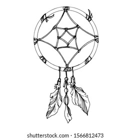 Vector Fether dreamcatcher for good dreams. Black and white engraved ink art. Isolated dream catcher illustration element on white background.