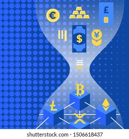 vector fiat money digitalization to cryptocurrency principal evolution scheme blockchain network technology digital business hourglass concept illustration blue background
