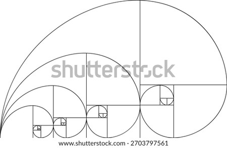 Vector Fibonacci grid with golden ratio squares and spiral guides. Clean geometric layout for composition, design balance, proportion studies and minimal graphic templates.