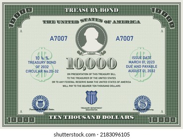 Vector fictional 10,000 US dollars treasury bond. Green frame with guilloche grid, circle with silhouette and ribbon, blue banking seals. Chase