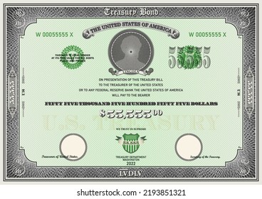 Vector fictional 55,555 dollars US treasury bond. Frame with guilloche grid. Ribbon with the inscription Lincoln. Bill in retro style in nominal of fifty five thousand five hundred and fifty five