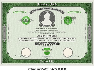 Vector fictional 7 777 777 dollars US treasury bond. Frame with guilloche grid. Ribbon with the inscription Buchanan. Bill in retro style