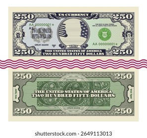 Nota fictícia de vetor, anverso e reverso no estilo vintage dinheiro. Denominação 250 dólares, série 2025. trump. Estados Unidos da América Bela nota com padrões guilhochês. Dinheiro do jogo