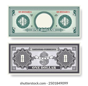 Vector fictional beautiful banknote of 1 dollar. Obverse and reverse of note. Play money with empty circle, guilloche patterns and grid. Blank or sample of certificate. Business and finance. One.