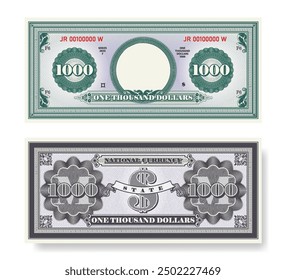 Vector fictional beautiful banknote of 1000 dollars. Obverse and reverse of note. Play money with empty circle, guilloche patterns and grid. Blank or sample of certificate. Business and finance.