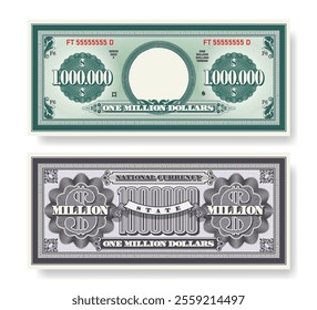 Vector fictional beautiful banknote of 1000000 dollars. Obverse and reverse of note. Play money with empty circle, guilloche patterns and grid. Blank, sample of certificate. Business finance. Million