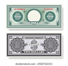 Vector fictional beautiful banknote of 2 dollars. Obverse and reverse of note. Play money with empty circle, guilloche patterns and grid. Blank or sample of certificate. Business and finance. Two.