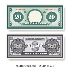 Vector de ficción hermoso billete de 20 dólares. Anverso y reverso de la nota. Juega dinero con círculo vacío, patrones de guilloché y cuadrícula. En blanco o muestra de certificado. Negocios y finanzas. Veinte.