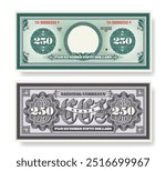 Vector fictional beautiful banknote of 250 dollars. Obverse and reverse of note. Play money with empty circle, guilloche patterns and grid. Blank or sample of certificate. Two hundred fifty.