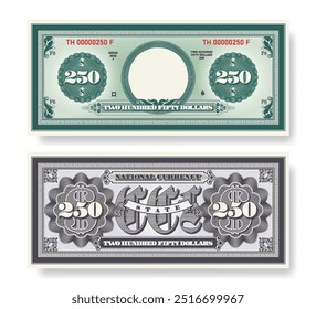 Vector fictional beautiful banknote of 250 dollars. Obverse and reverse of note. Play money with empty circle, guilloche patterns and grid. Blank or sample of certificate. Two hundred fifty.