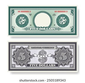 Vector fictional beautiful banknote of 5 dollars. Obverse and reverse of note. Play money with empty circle, guilloche patterns and grid. Blank or sample of certificate. Business and finance. Five.