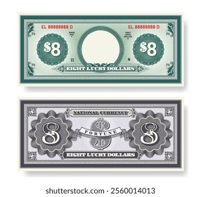 Vector fictional beautiful banknote of 8 lucky dollars. Obverse and reverse of note. Play money with empty circle, guilloche patterns and grid. Blank or sample of certificate. fortune. Eight.