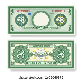 Vector fictional beautiful banknote of 8 lucky euro. Obverse and reverse of note. Play money with empty circle, guilloche patterns and grid. Blank or sample of certificate. Business and fortune. Eight