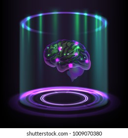 Vector fictional concept of luminous cybernetic human brain hologram on dark background