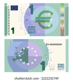 Vector fictional gaming banknote of 1 euro. Obverse and reverse of the EU paper bill