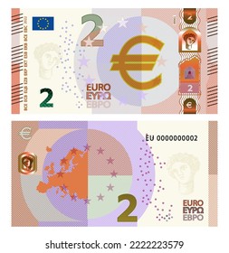 Vector fictional gaming banknote of 2 euro. Obverse and reverse of the EU paper bill