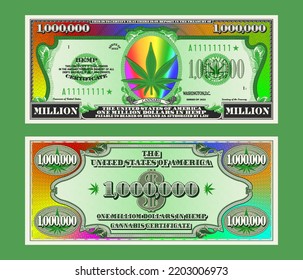 Vector fictional obverse and reverse of a 1 000 000 dollars hemp certificate. Vintage US paper money - one million with a multicolored rainbow frame. A large green cannabis leaf in an oval