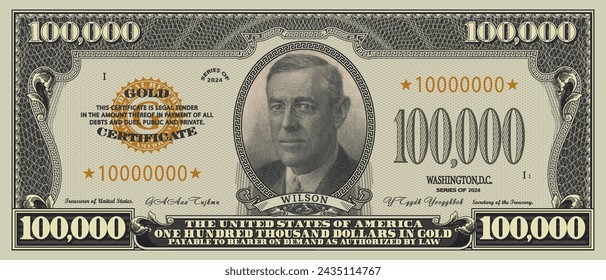 Anverso ficticio vectorial de un certificado de oro de 100000 dólares estadounidenses. Retrato en mosaico de píxeles de Woodrow Wilson.