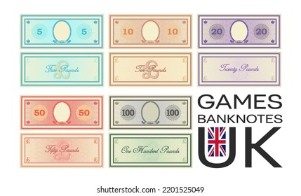 Vector fictional set of game banknotes of England, in denominations of 5, 10, 20, 50 and one hundred pounds